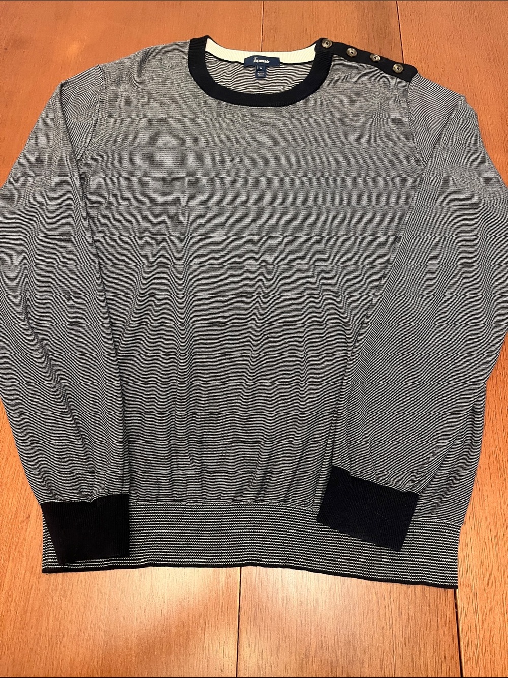 Faconnable Men’s Navy and Gray Striped Crewneck Sweater with Button-Shoulder